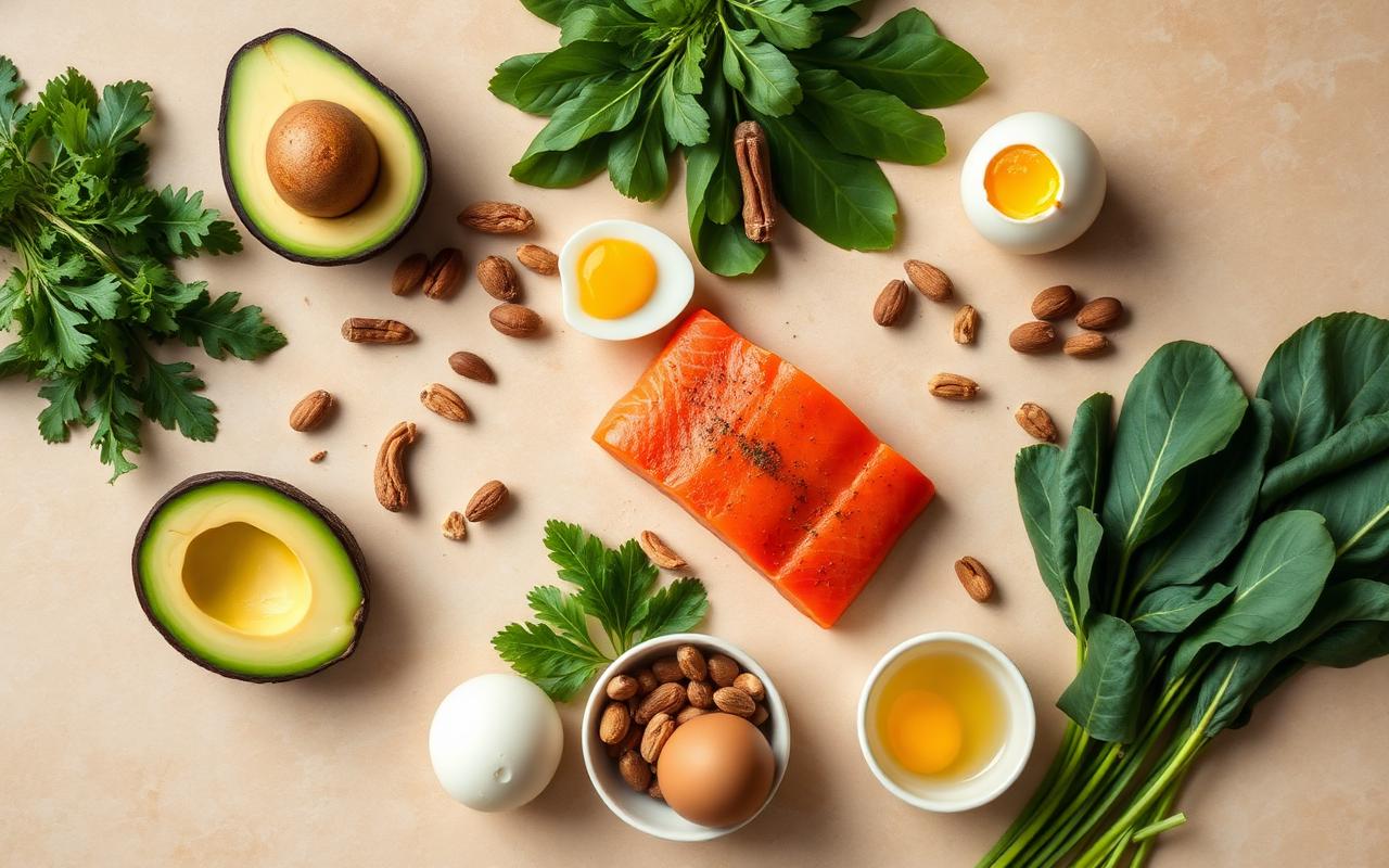 Keto-friendly foods including avocado, salmon, eggs, nuts and greens