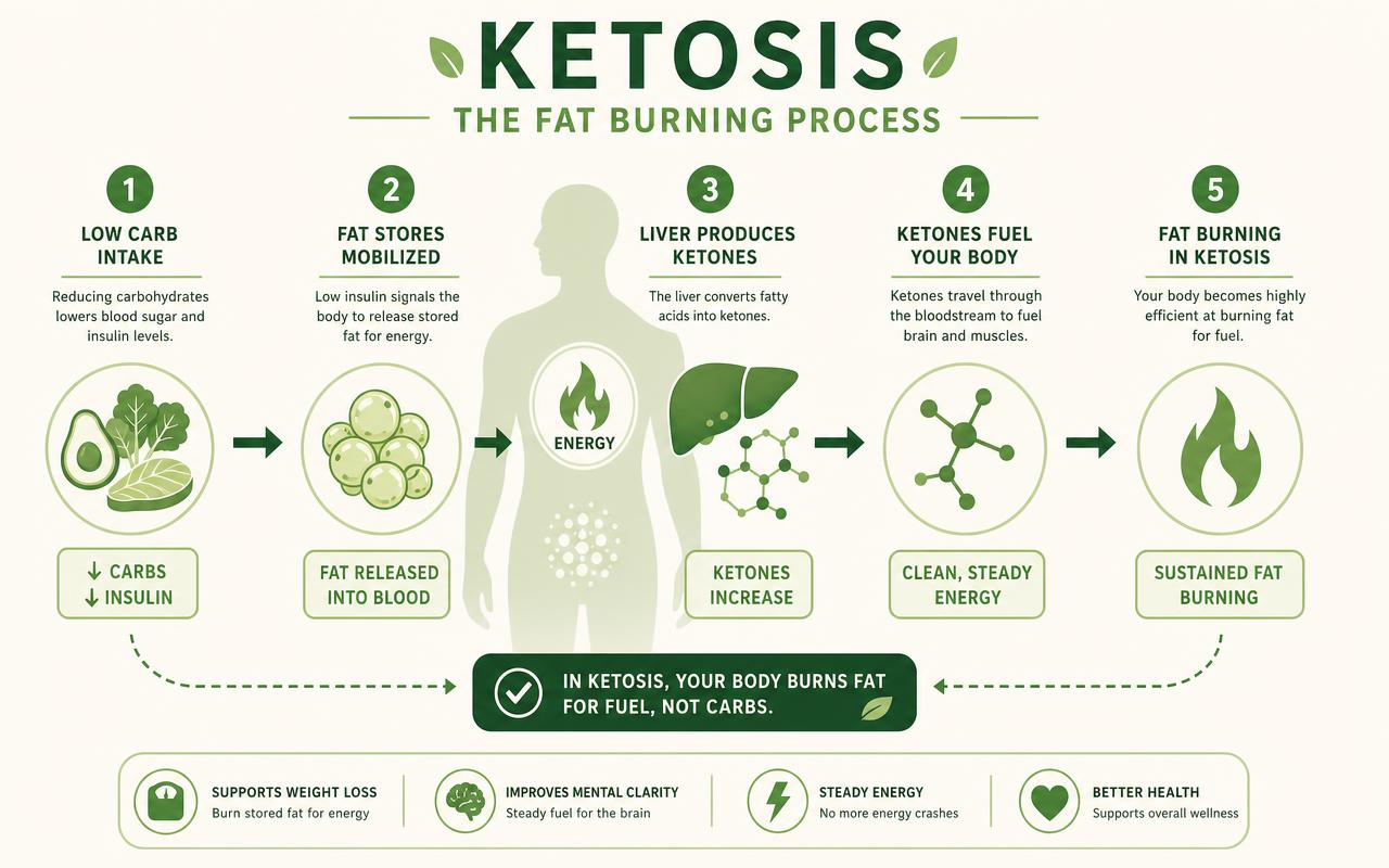 Infographic showing how ketosis burns fat for fuel in five stages