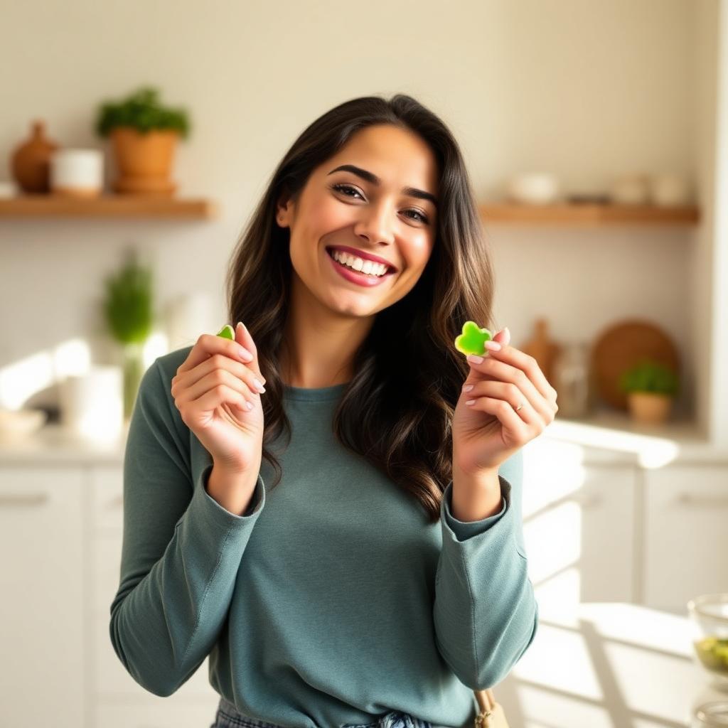 Woman in Mexico holding KetoNex keto gummies in her kitchen